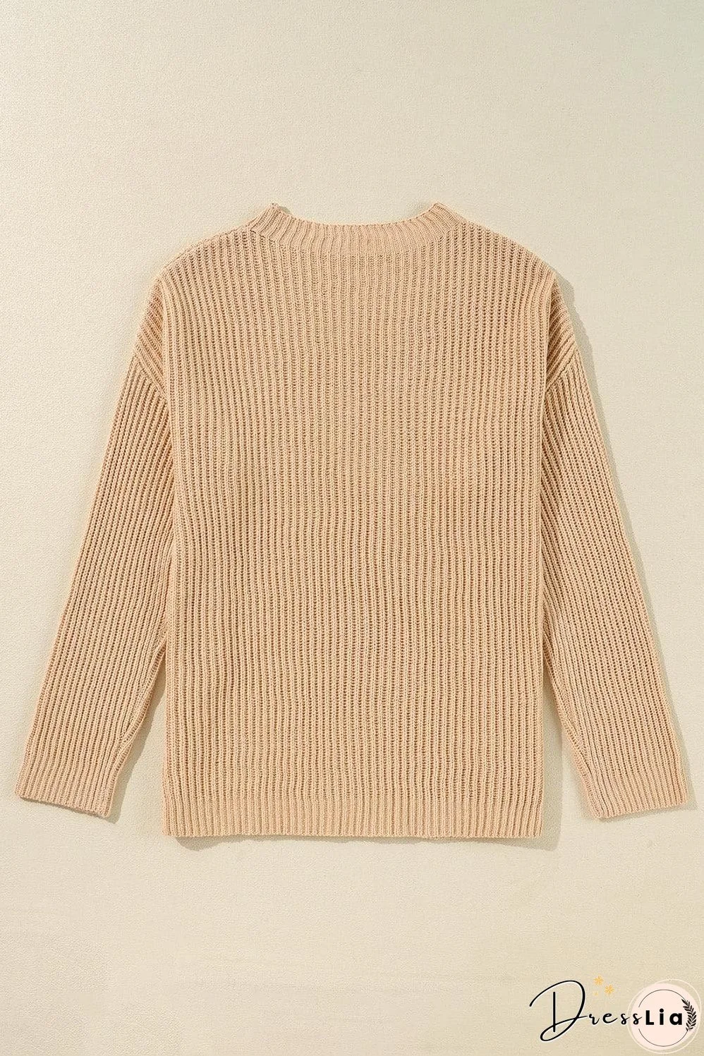 Apricot Cable Knit Drop Shoulder Side Slits Loose Sweater