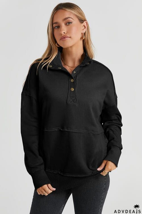 Half Snap Drop Shoulder Long Sleeve Sweatshirt