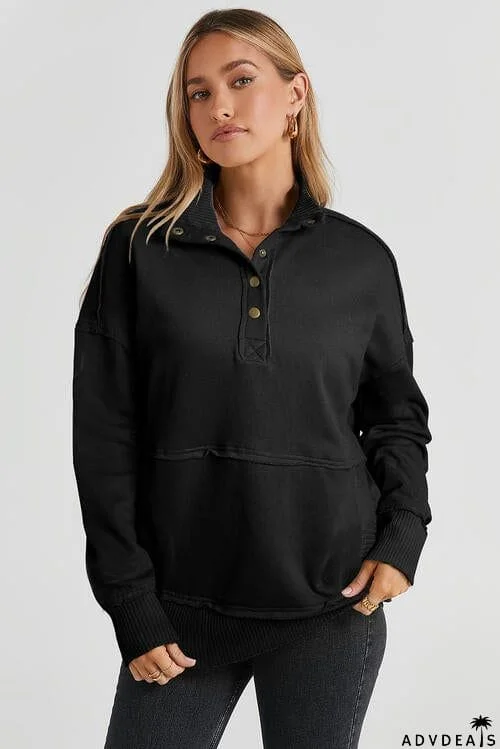 Half Snap Drop Shoulder Long Sleeve Sweatshirt