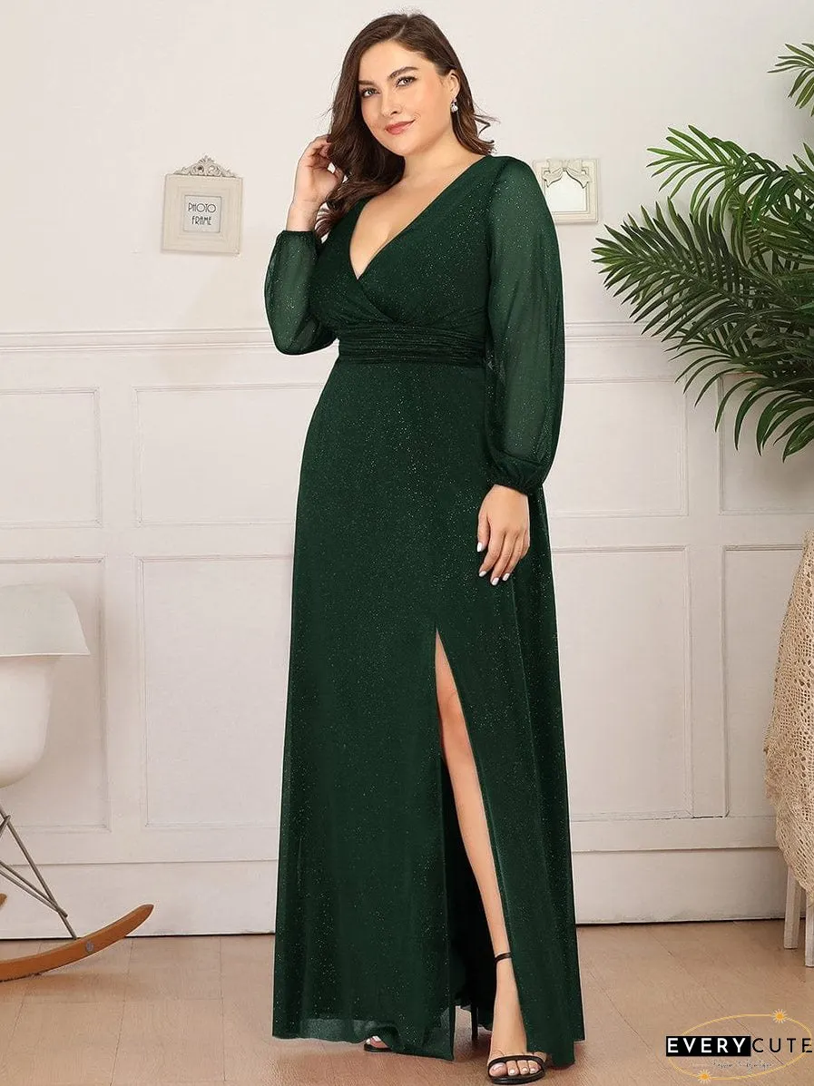 Shiny Puff Sleeve V-Neck Evening Gown for Curvy Women