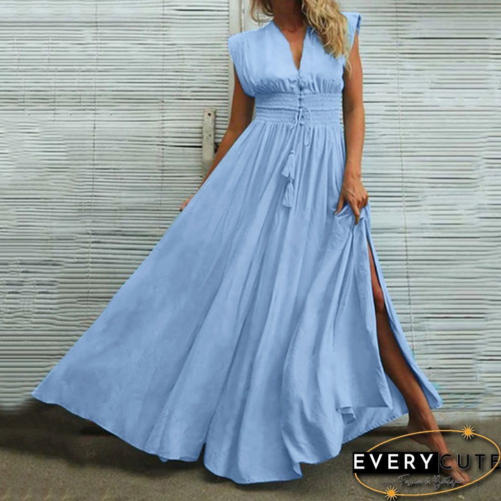 Oversized Retro Women Kaftan Solid Long Shirt Dress Sexy Party V Neck Bohemian Slit Hem Maxi Sundress