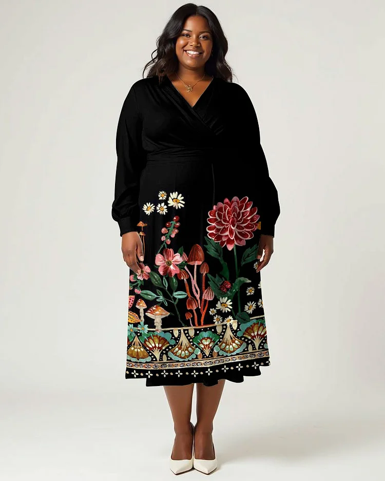 Plus Size Elegant Floral Print Wrap Midi Dress