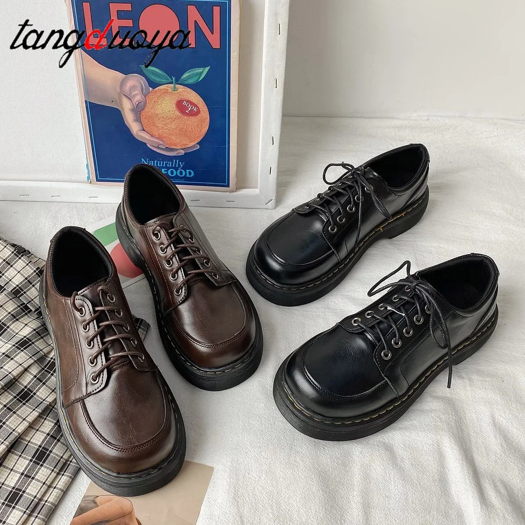 Qengg Vintage Shoes Oxford Shoes 2022 autumn Vintage Brown Leather Lace Up Women Fashion Loafer Shoes Black Oxford Shoes