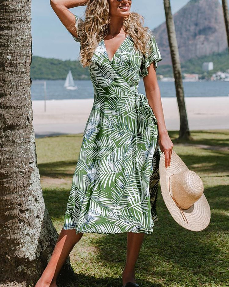Ali Tropical Wrap Tie Waist Dress