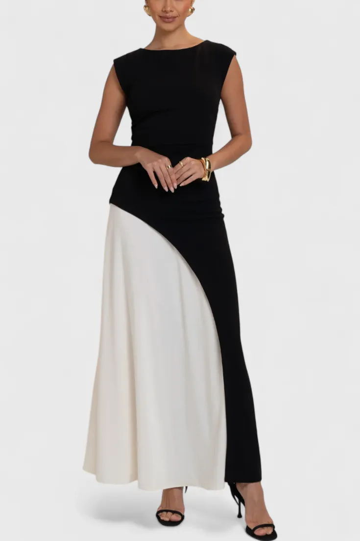 Asymmetric Two-Tone Midi Dress with Defined Waist