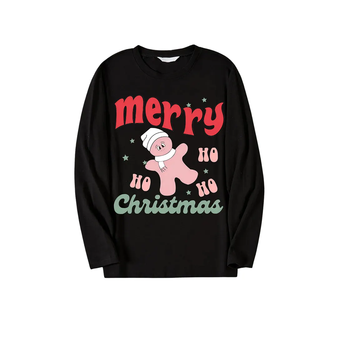 Merry Christmas Cute Cartoon Prints 2024 Black Long Sleeve Top with Green&Black Plaid Family Matching Pajamas