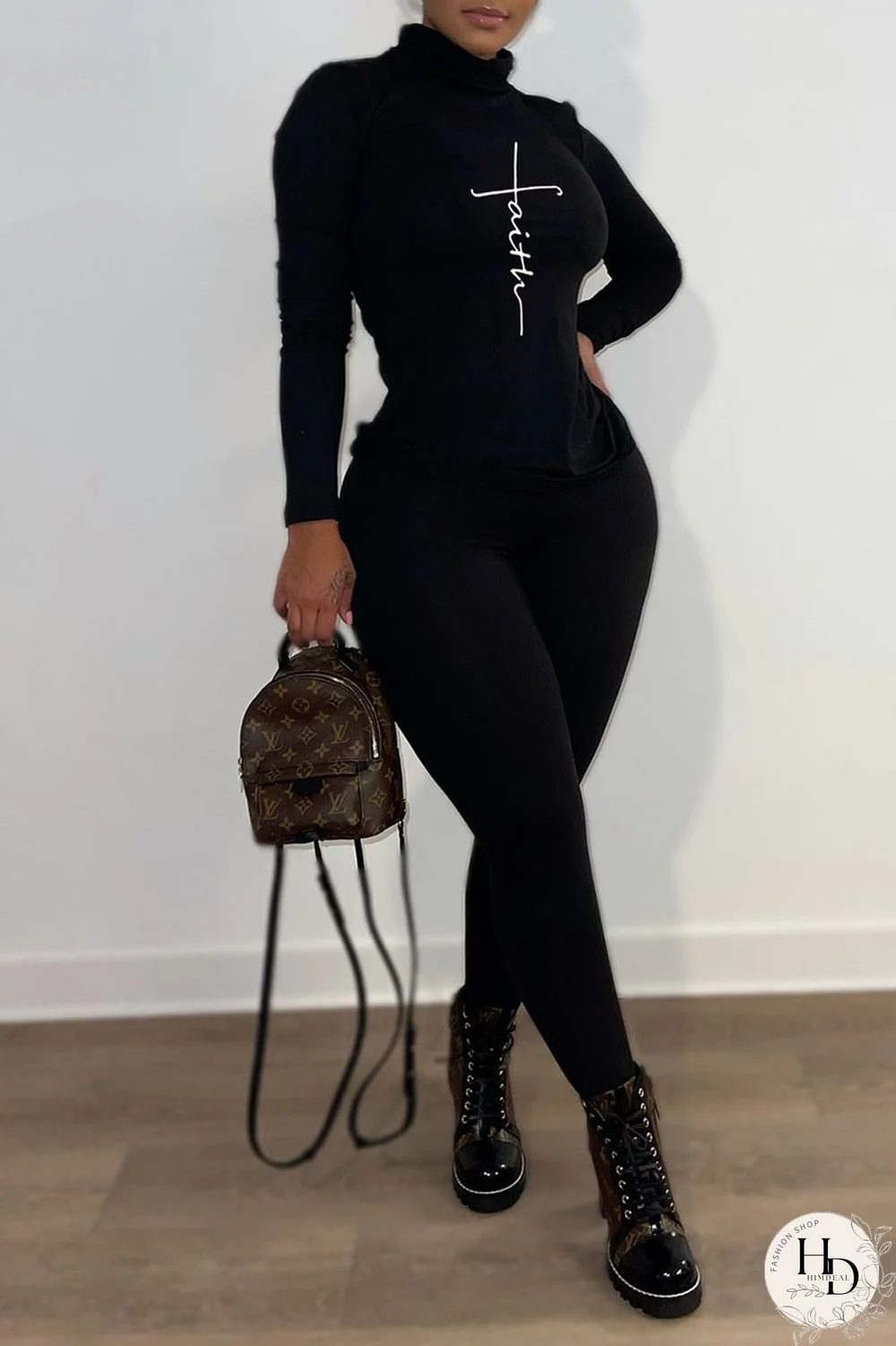 Black Casual Print Patchwork Turtleneck Long Sleeve Two Pieces