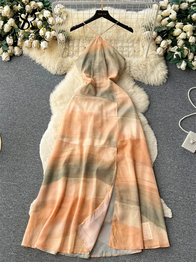 Huibahe Summer Print Chiffon Long Dress Women Halter Elastic A Line Split Sexy Sundress Korean Tie Dye Backless Beach Dress