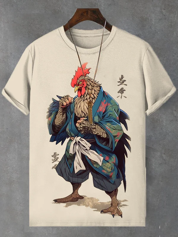 <💯Cotton> Men's Japanese Rooster Warrior Art Print Cotton Casual T-Shirt