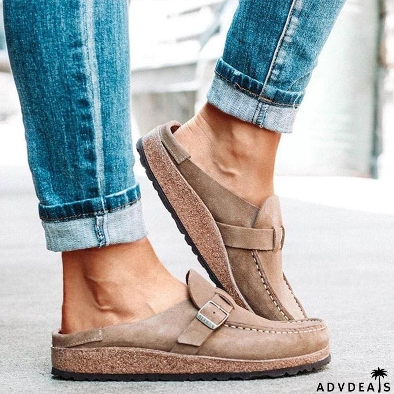 Women’s Casual Round Toe Flat Heel Slip On Backless Loafers