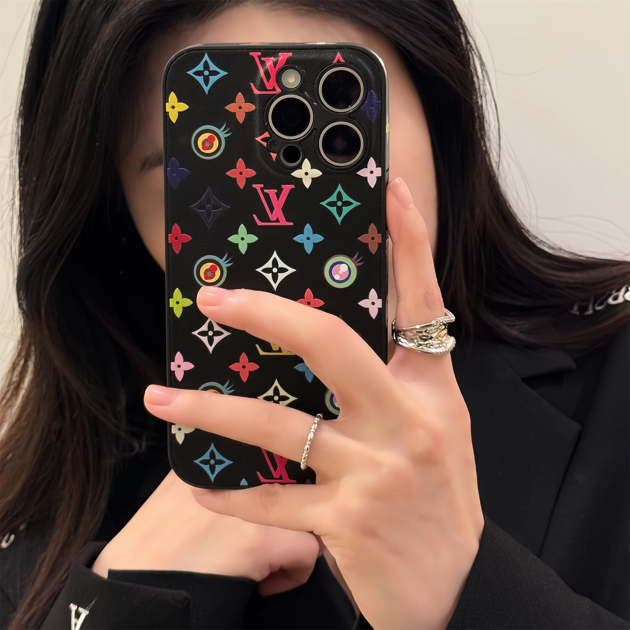 Louis Vuitton x Murakami Canvas Leather Cartoon Panda Apple iPhone Case