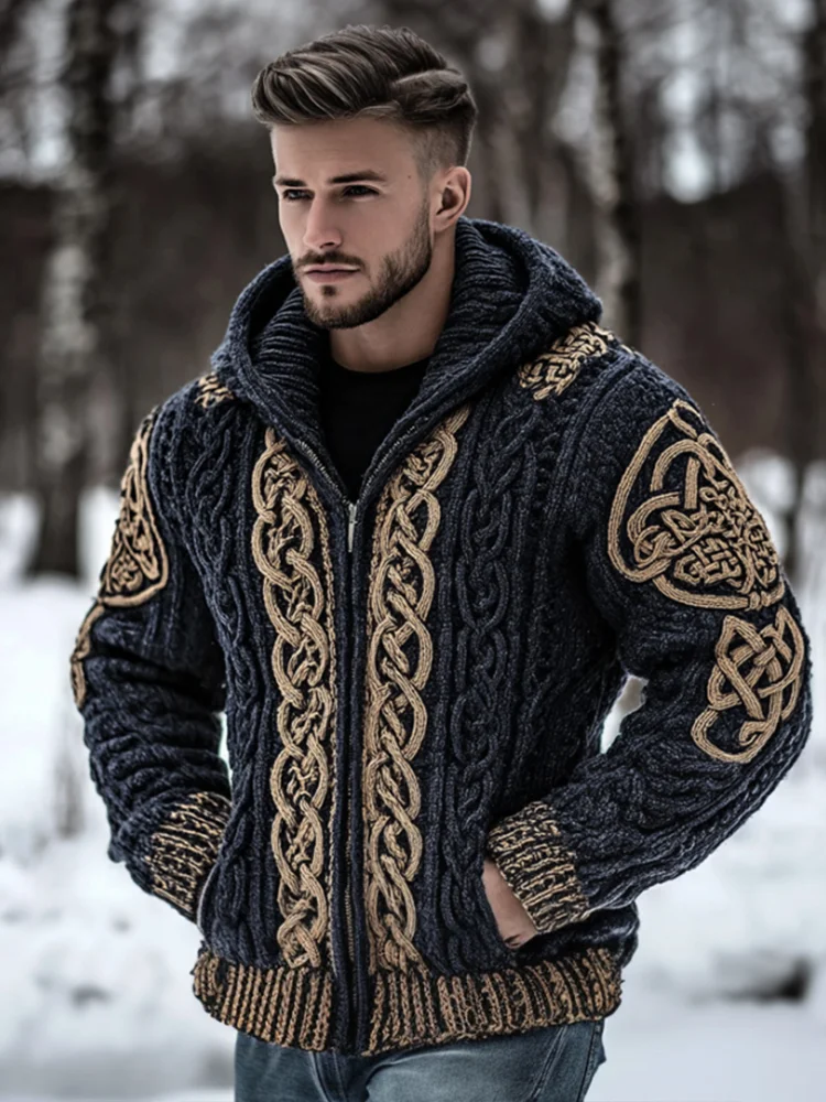 Men's Viking Celtic Knot Thick Needle Warm Hooded Cardigan Sweater