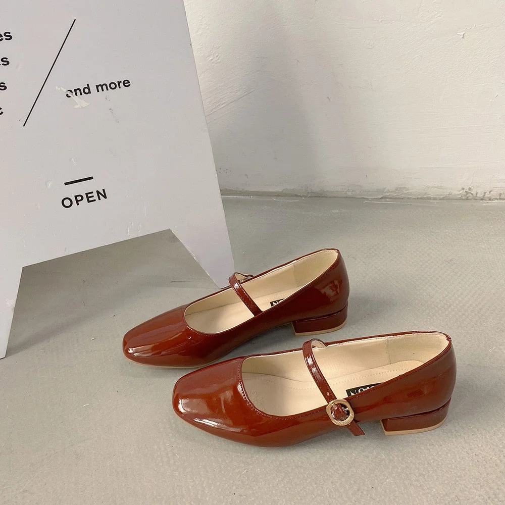 Vintage Square toe buckle band mary janes women loafers flat shoes woman ballerina slip on shallow solid low heels moccasins2020