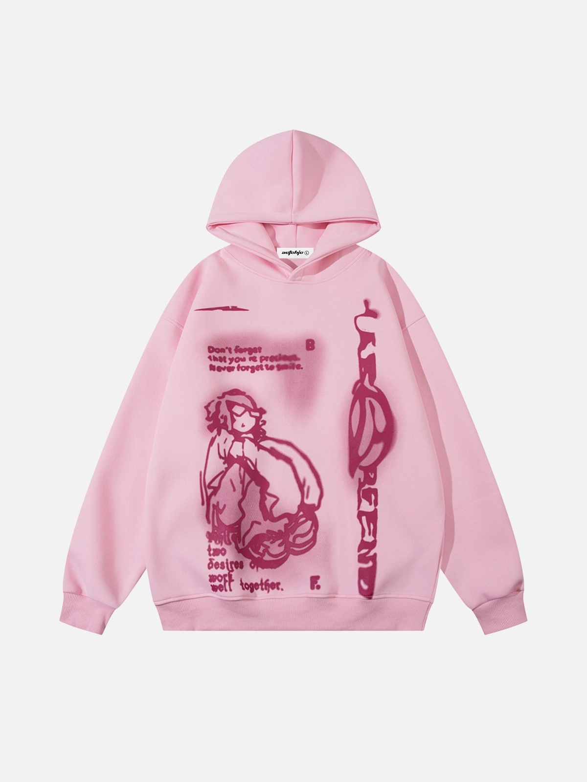 Pink Cartoon Line Character Print Hooded Pullover Front