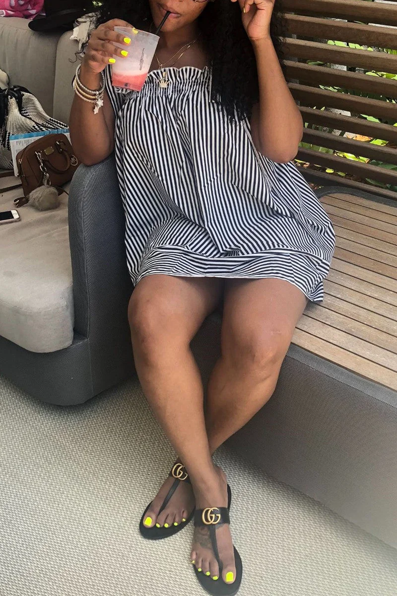 Sexy Casual Striped Print Bandage Backless Square Collar Vest Dress