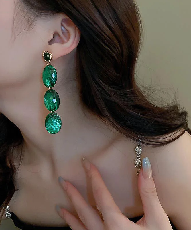 Retro Green Alloy Acrylic Zircon Oval Tassel Drop Earrings