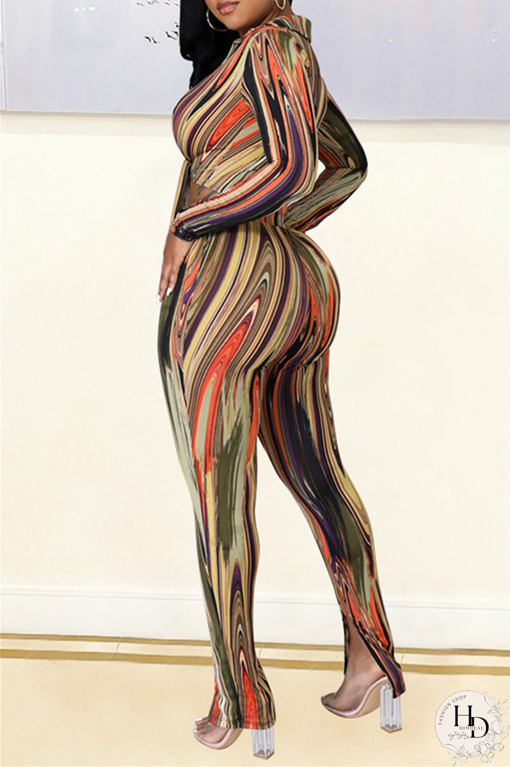 Rose Red Blue Sexy Casual Print Bandage Turndown Collar Long Sleeve Two Pieces