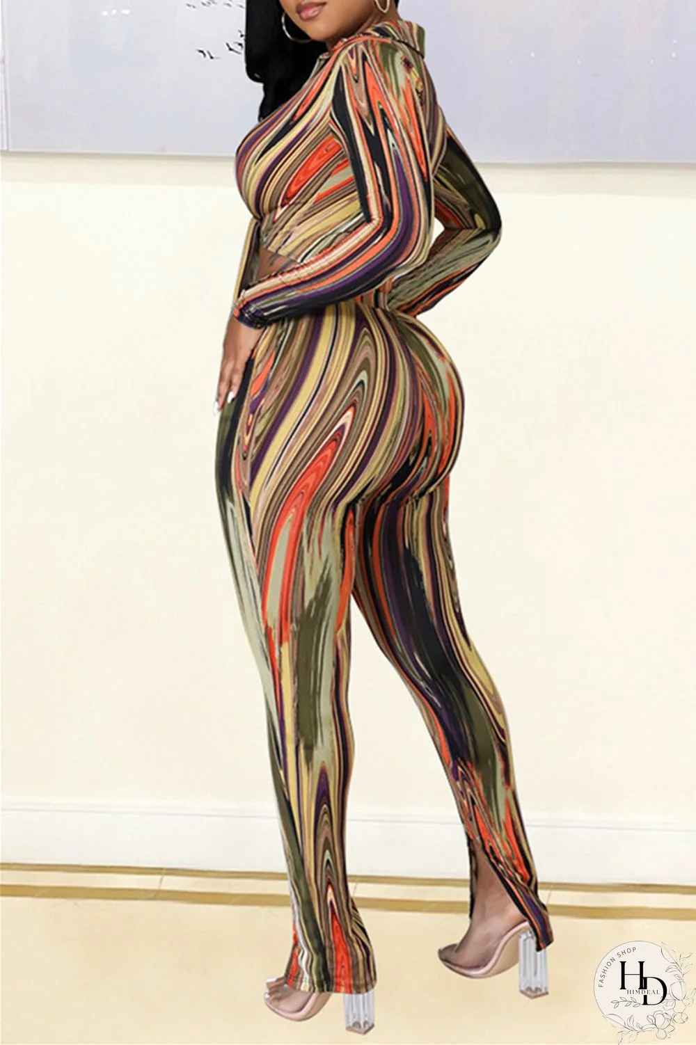 Rose Red Blue Sexy Casual Print Bandage Turndown Collar Long Sleeve Two Pieces