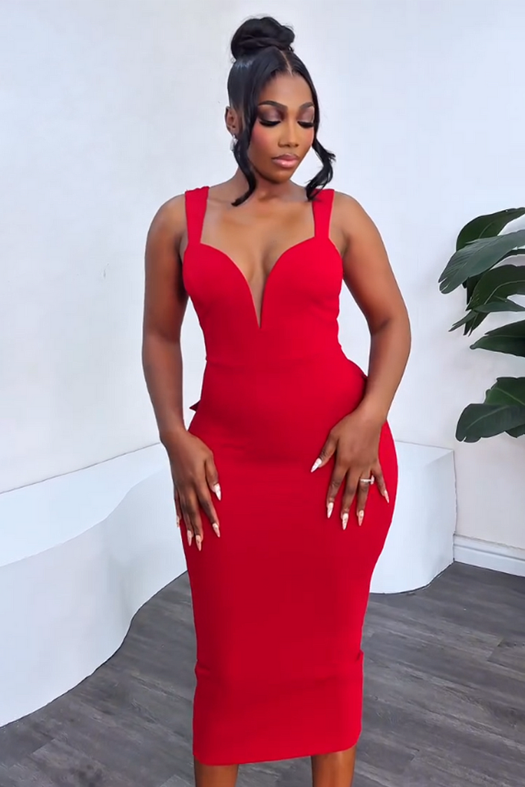 Backless Bow Decor Slim-Fit Valentine's Party Midi Dresses-Red [Pre Order]
