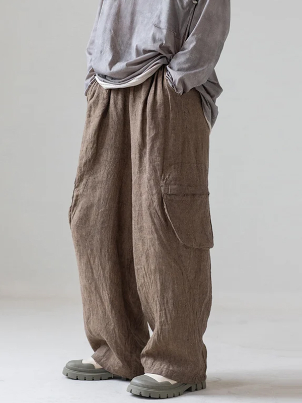 Large Pocket Cotton And Linen Solid Color Straight Pants hjn Shicloths