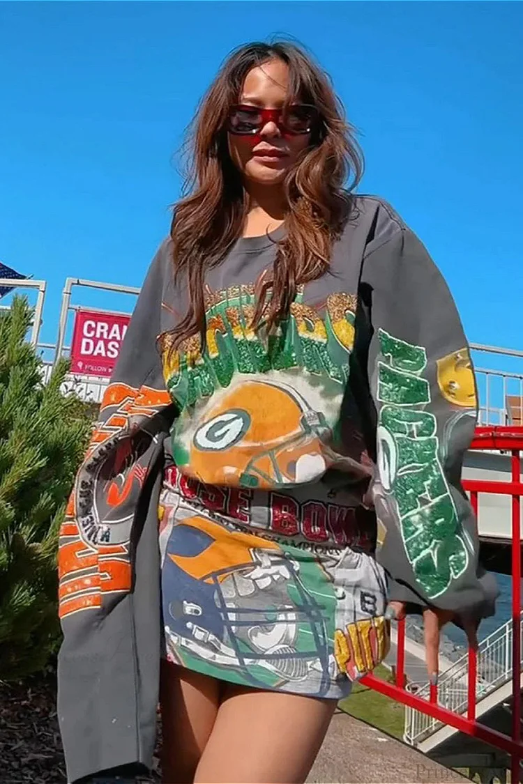 Oversized Sequin Print Retro Slouchy Long Sleeve Tee