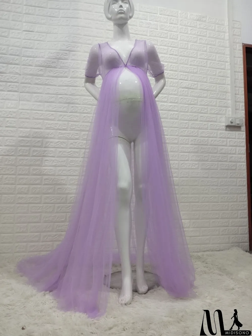 MidiSono - Women Summer Purple Sweet V-neck Short Sleeves Solid Lace Maternity Dress