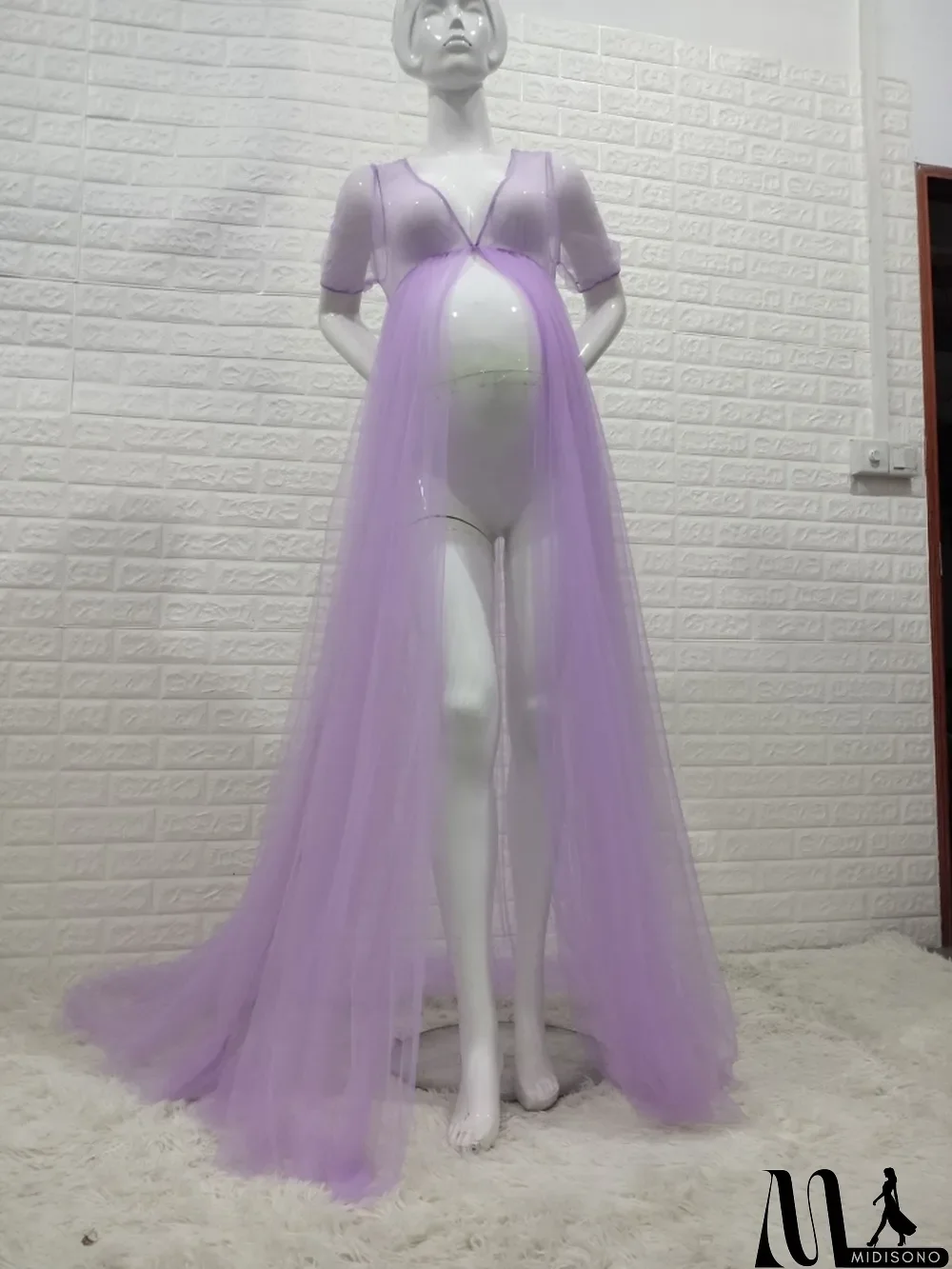 MidiSono - Women Summer Purple Sweet V-neck Short Sleeves Solid Lace Maternity Dress