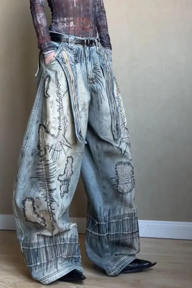 Needle Embroidered Wide Leg Jeans