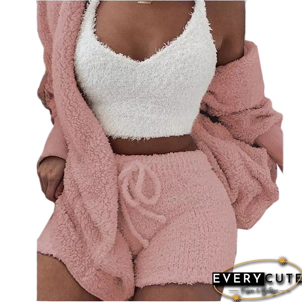 Light Pink Plush Hoodie with Shorts and White Vest 3pcs Set