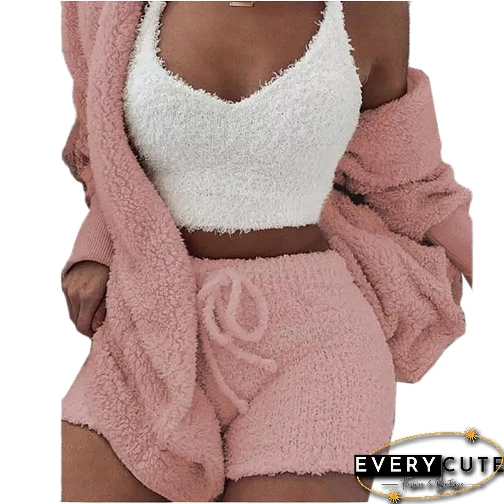 Light Pink Plush Hoodie with Shorts and White Vest 3pcs Set