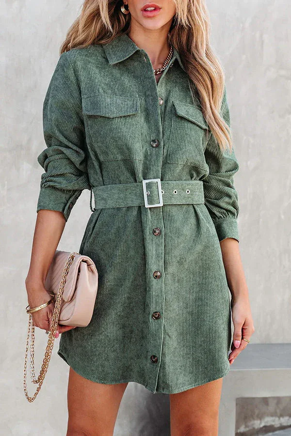 Autumn Beauty Corduroy Belted Button Down Shirt Dress