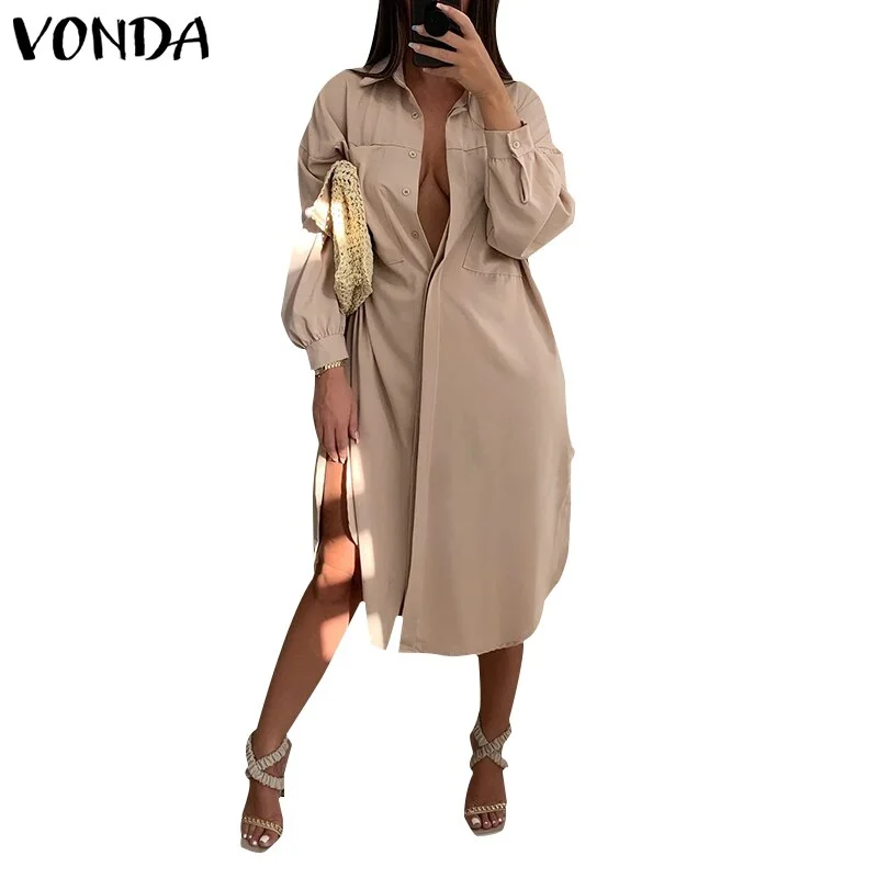 Shirt Dress 2022 VONDA Women Long Sleeve Lapel Neck Elegant Office Dress Femme Robe Bohemian Sundress Casual Loose Vestido