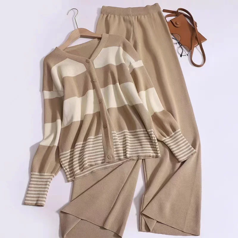 Uveng Uveng And Winter New Korean Version Of The Air Age-Old Stripe V-Neck Knitted Cardigan + Solid Color High-Waist Broad Leg Pants Fashion Two Sets