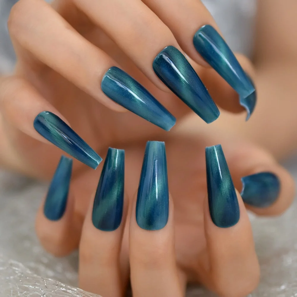 Ancient Blue Ballerina Fake Nails Hand Made Extra Long Tapered Cat Eye Pattern Hand painted Thick Galaxry Press On Nail 20 CT