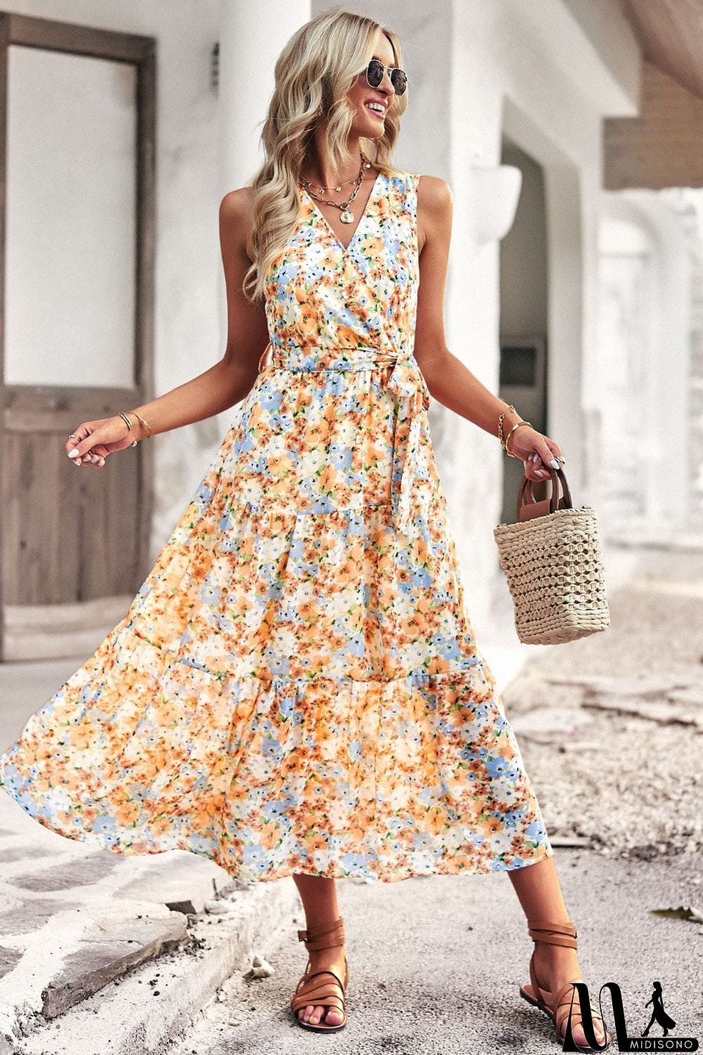 MidiSono - Floral Belted Surplice Sleeveless Tiered Dress