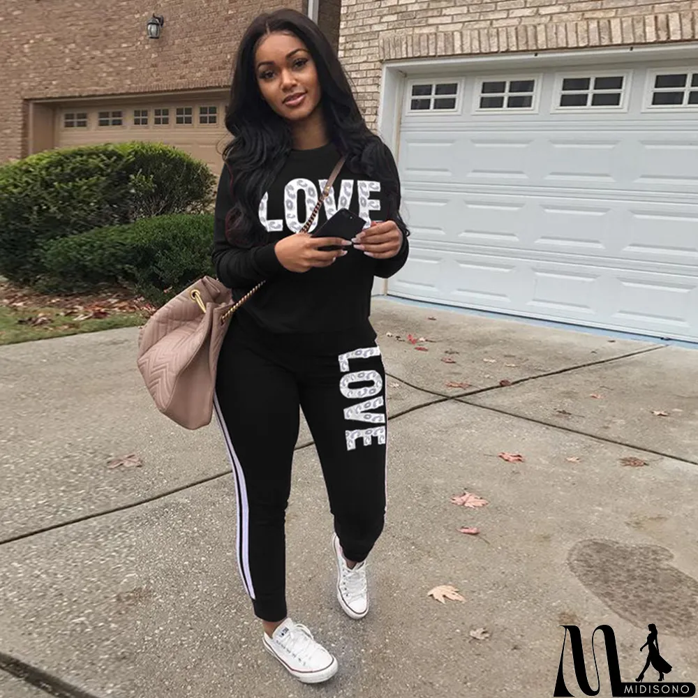 MidiSono - Plus Size Letter Print Long Sleeve 2 Piece Sets