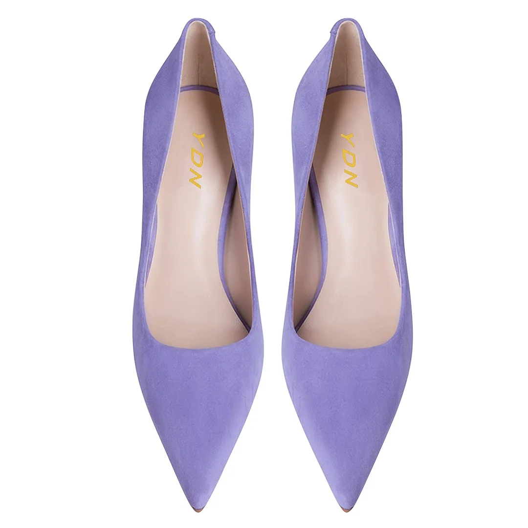 YDN Classic Purple Vegan Suede Flared Heel Pointed Toe Pumps Shoes