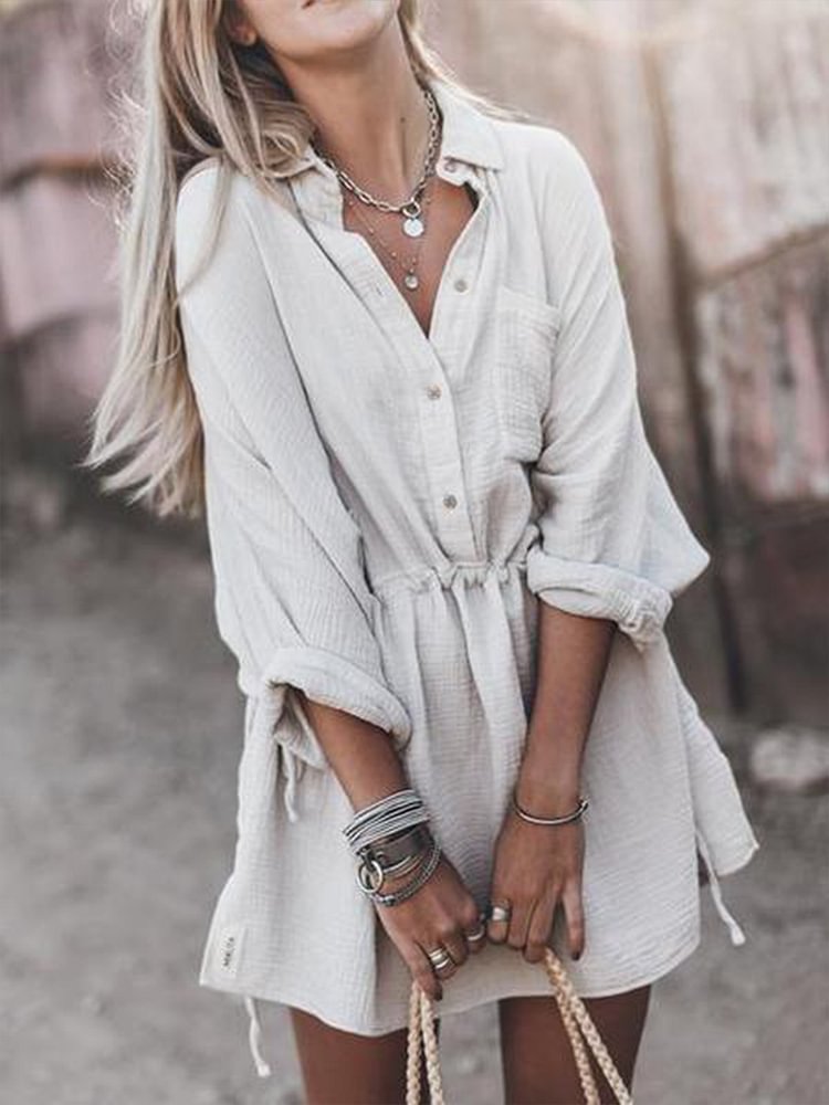 Women's V-Neck Long Sleeve Shirt Dress