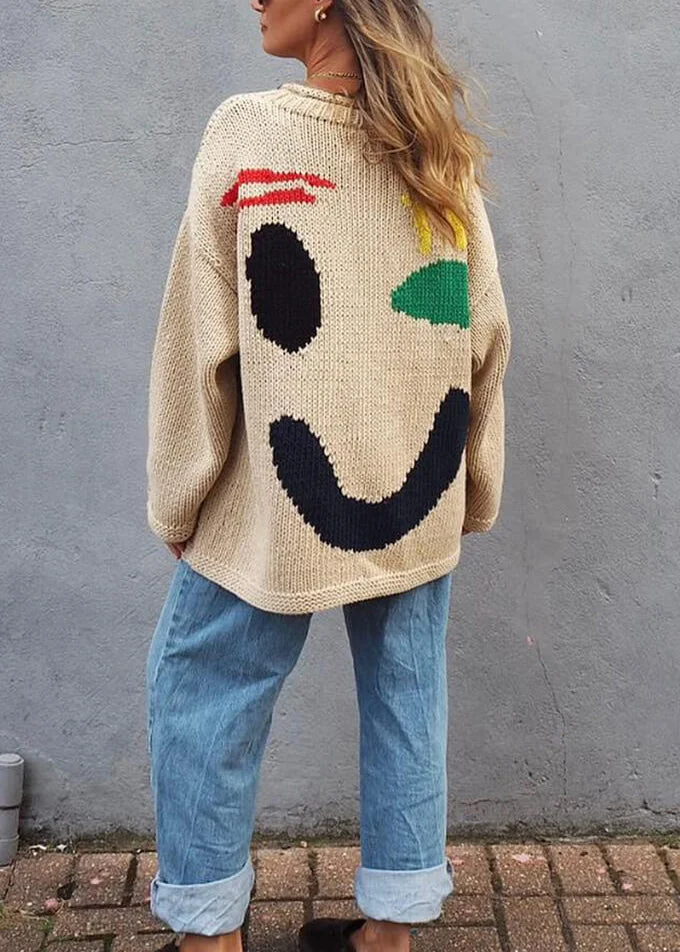 Natural Beige O Neck Print Loose Knit Sweaters Fall