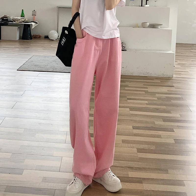 Pink Women Jeans 2022 New Loose Colorful Wide Leg Brown High Waist Straight Pants Women&#39;s Casual Pants Denim Femme Trousers