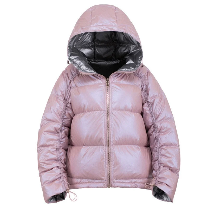 2020 Winter Down Jacket Women Double-sided wear Glossy Short Outerwear Fox fur collar White duck down Coats Students Tops KW88