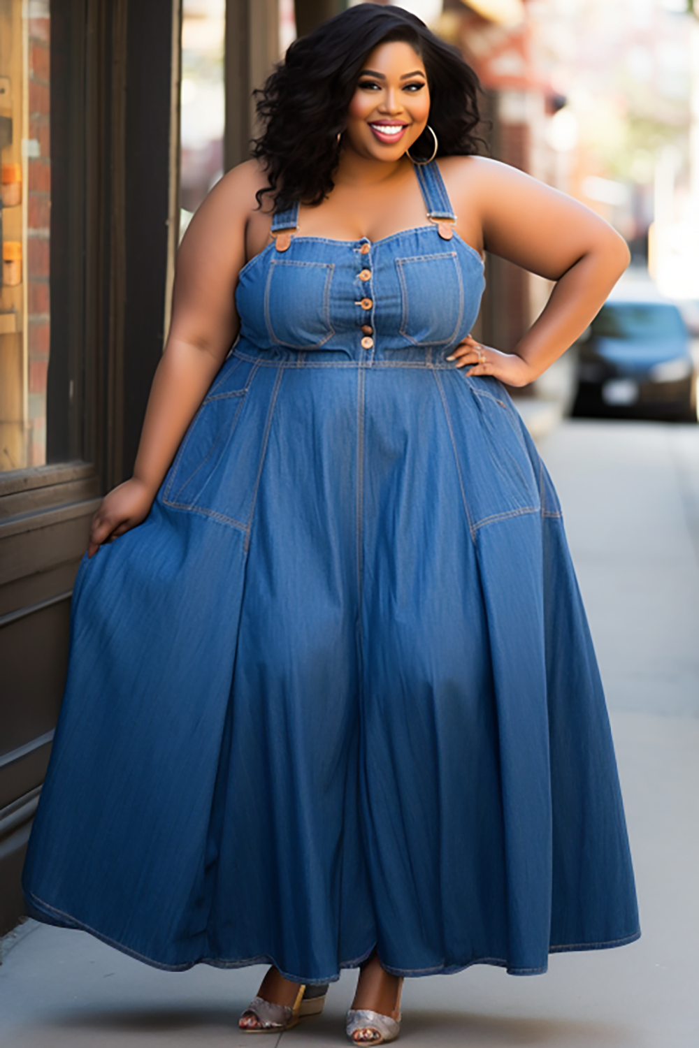 Design Plus Size Daily Blue Button Overall Tencel Denim Maxi Dresses [Pre-Order]