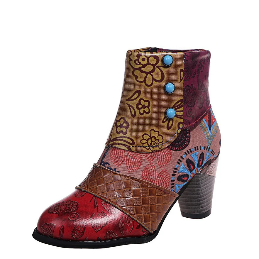 Wongn Wongn Plus Size Bohemian Female Martens Ethnic Style Casual Vintage Stitching High Heel Short Leather Boots