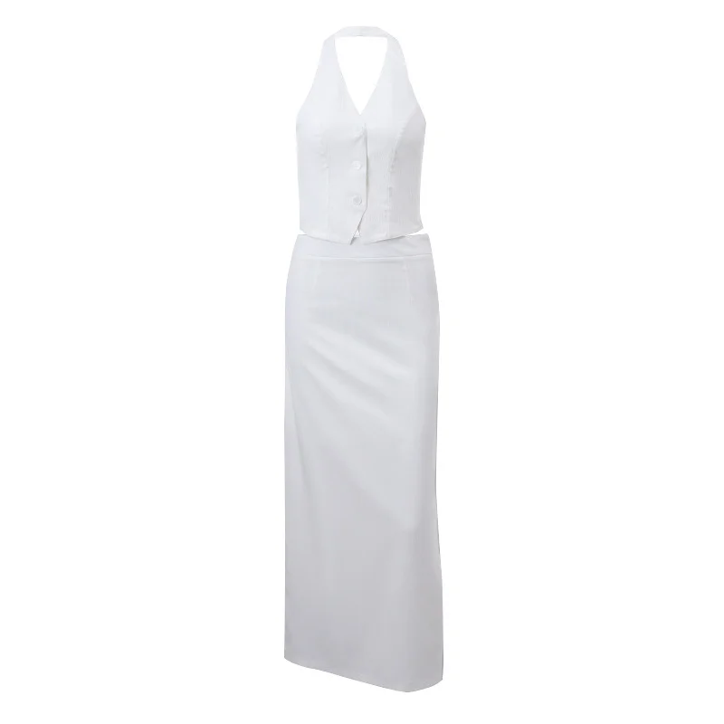 Brownm Brownm 2023 New Women's Fashion Sexy Two-Piece V-Neck Strap Top Low Waist Slit Skirt