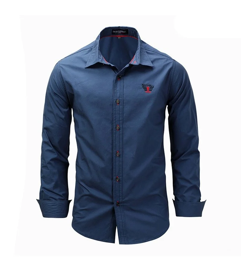 Man Lapel Collar Long Sleeves Solid Color Cotton Shirt