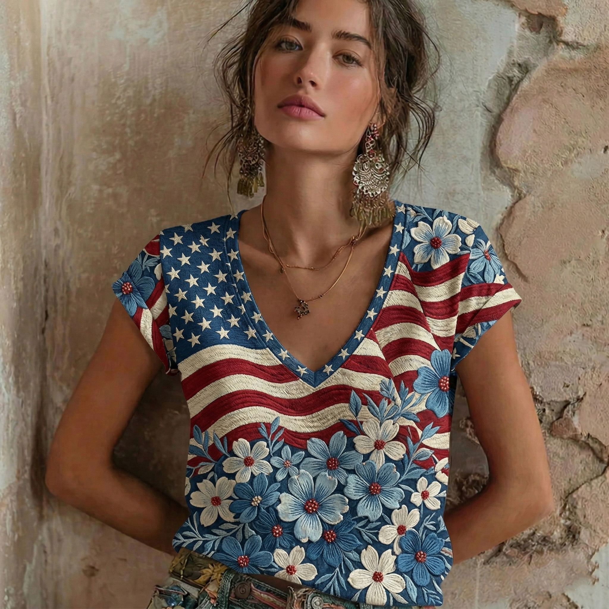 Comstylish Women's Independence Day Flag Floral Art Pattern V-neck Short Sleeve T-shirt