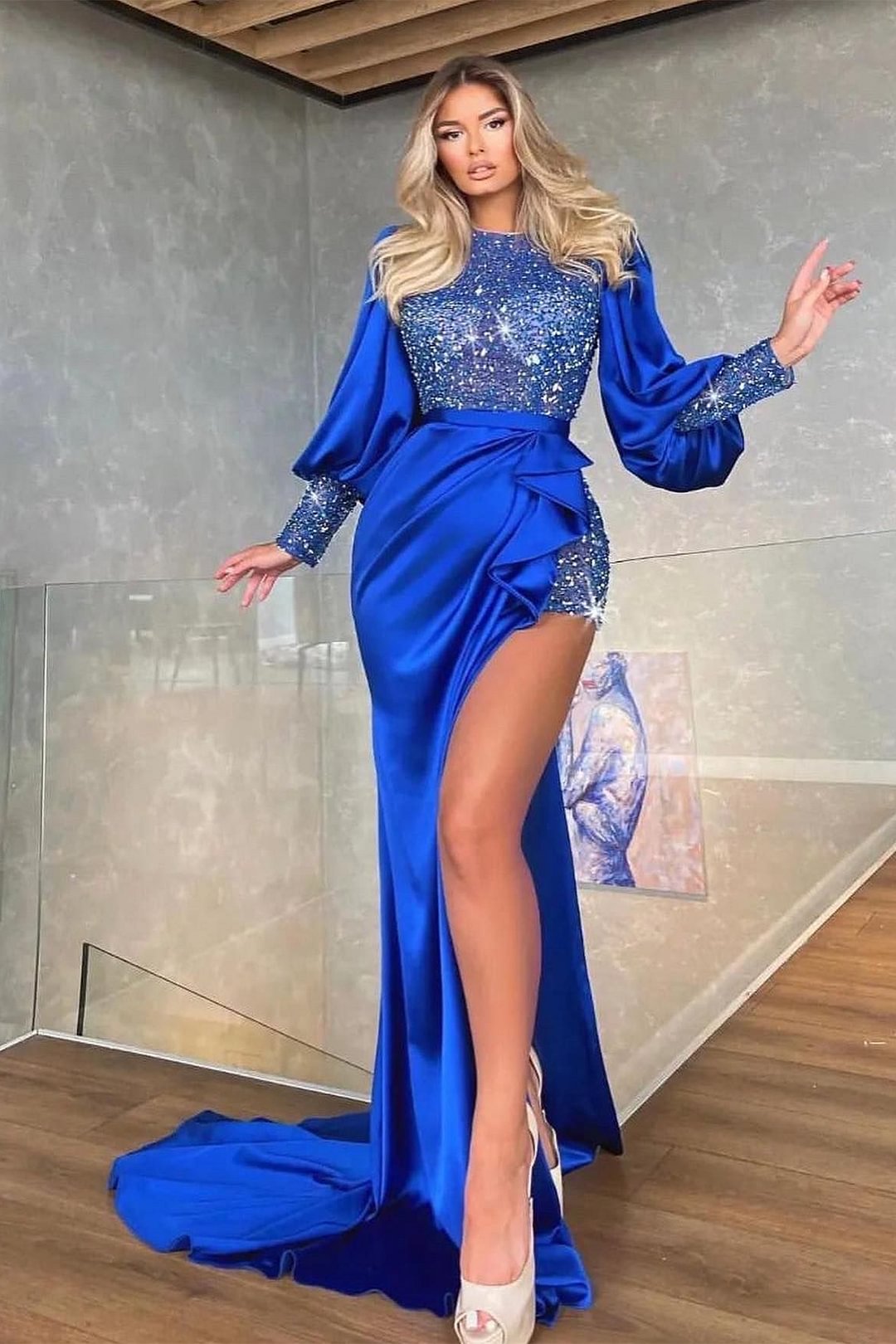 Bellasprom Royal Blue Long Sleeves Evening Dress Mermaid High Slit With Sequins Beads