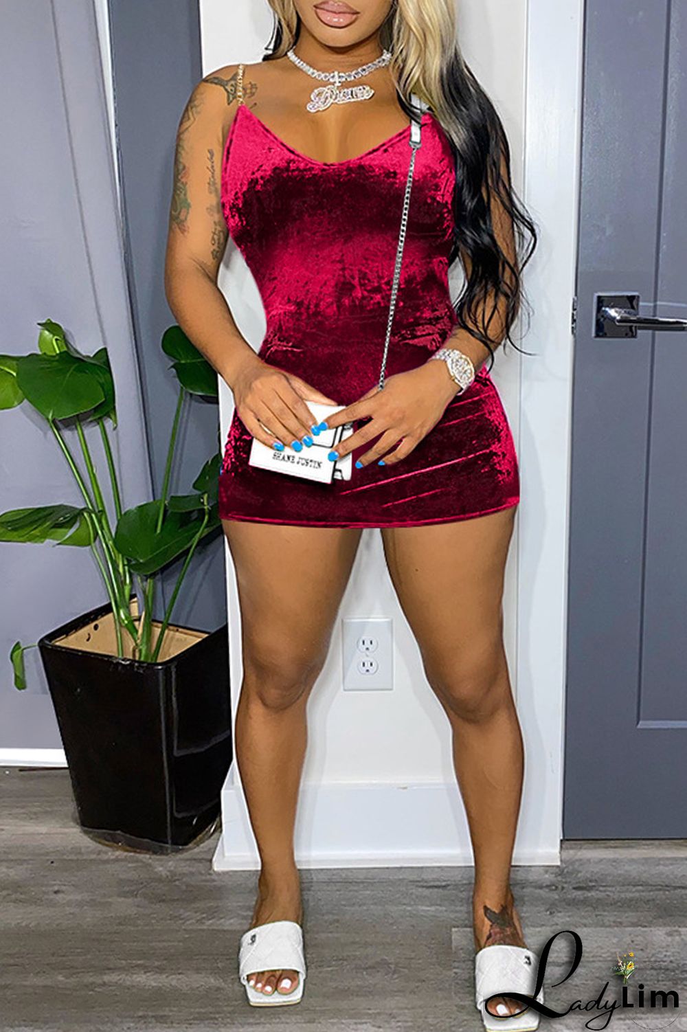 Burgundy Fashion Sexy Solid Patchwork Backless Spaghetti Strap Sleeveless Dress