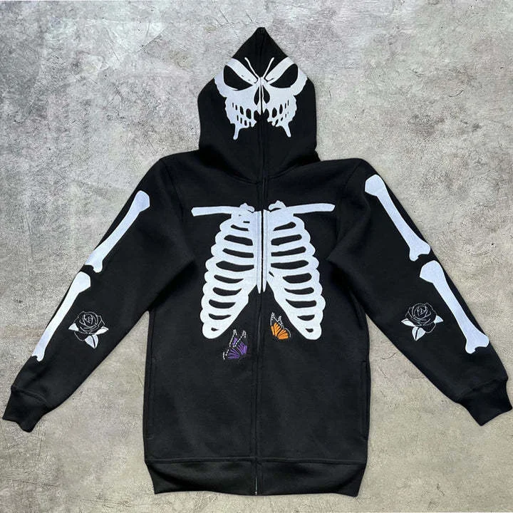 Butterfly Skull Print Y2K  Full Zip Up Hoodie Oversized Hooded Coat at Hiphopee