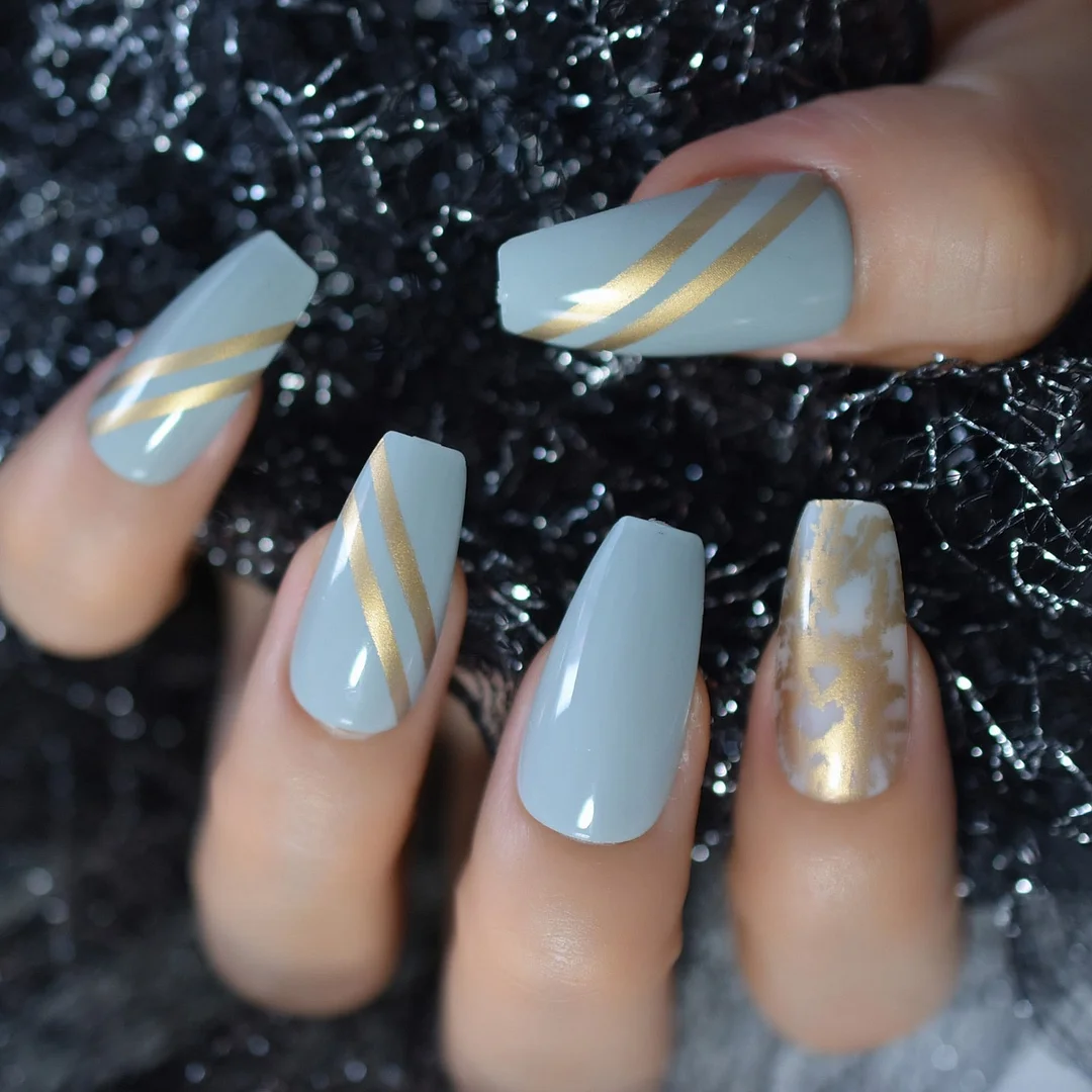 Coffin Nails Long Medium Ballerina Glossy Press On False Nails Gold Lines Foil Designer Fake Nail for Women Girls-Nail Inspo